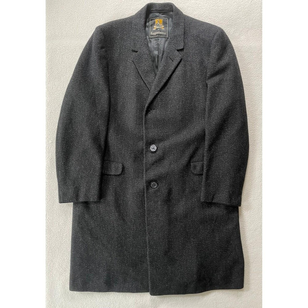 Vintage Kuppenheimer 1950s Wool Overcoat Mens 42L Charcoal Tweed Long Coat USA